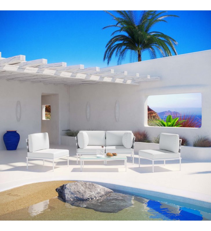 Harmony 5 Piece Outdoor Patio Aluminum Sectional Sofa Set in White White - Lexmod