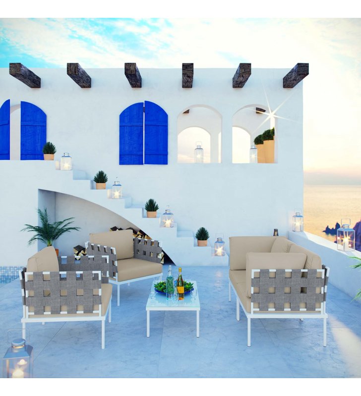 Harmony 5  Piece Outdoor Patio Aluminum Sectional Sofa Set in White Beige - Lexmod