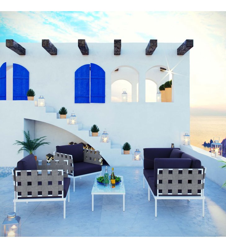 Harmony 5  Piece Outdoor Patio Aluminum Sectional Sofa Set in White Navy - Lexmod