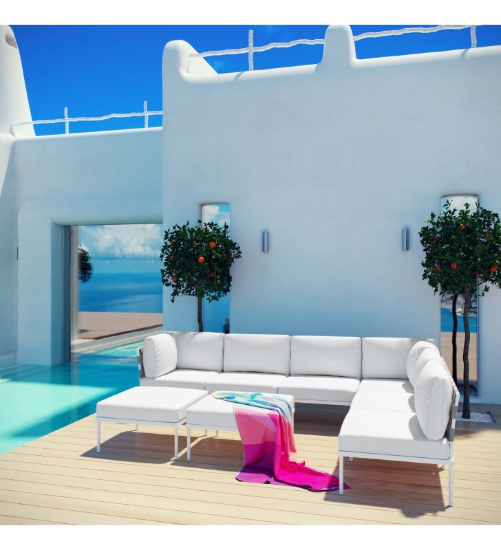 Harmony 8 Piece Outdoor Patio Aluminum Sectional Sofa Set in White White - Lexmod