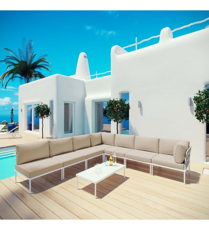 Harmony 8 Piece Outdoor Patio Aluminum Sectional Sofa Set in White Beige - Lexmod