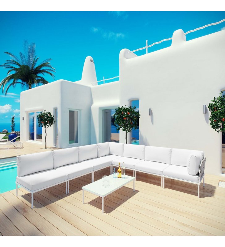Harmony 8 Piece Outdoor Patio Aluminum Sectional Sofa Set in White White - Lexmod