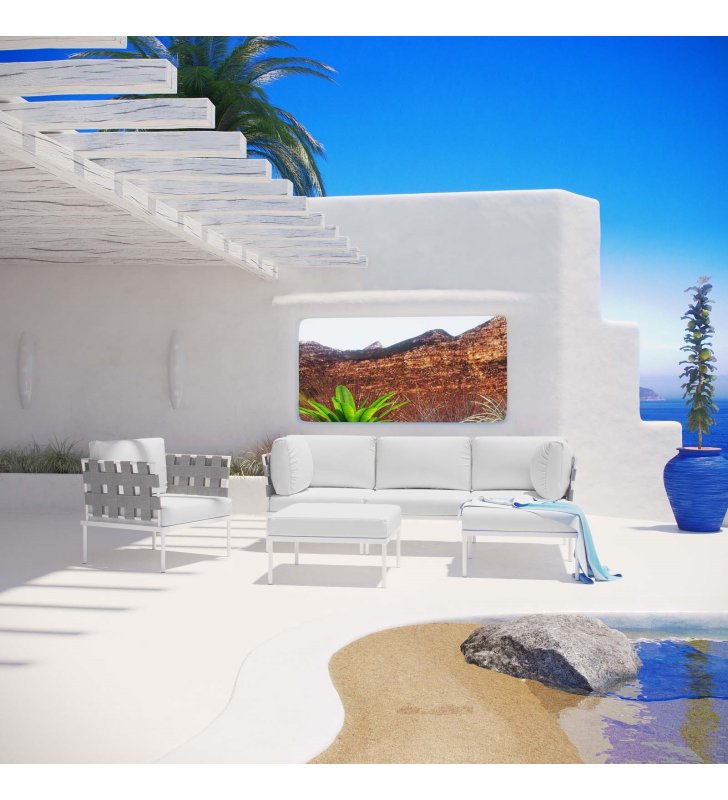 Harmony 6 Piece Outdoor Patio Aluminum Sectional Sofa Set in White White - Lexmod