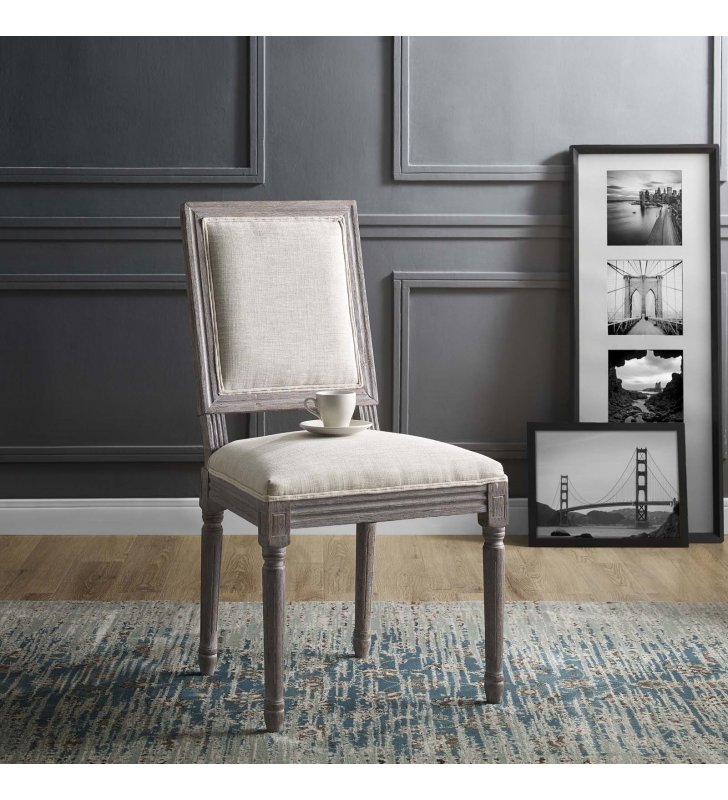 Court Vintage French Upholstered Fabric Dining Side Chair in Beige - Lexmod