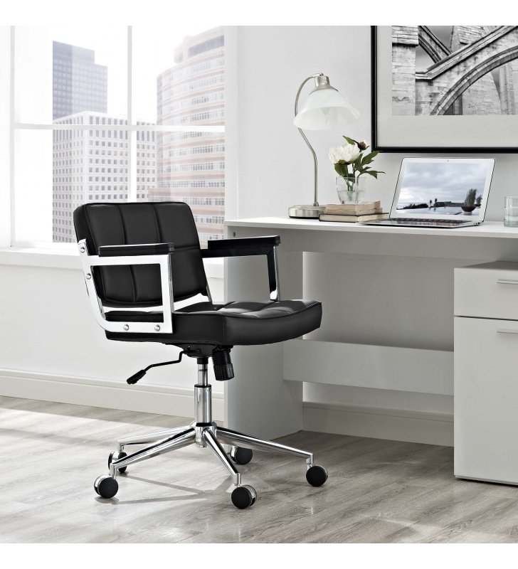 Portray Mid Back Upholstered Vinyl Office Chair in Black - Lexmod