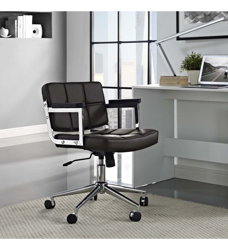Portray Mid Back Upholstered Vinyl Office Chair in Brown - Lexmod