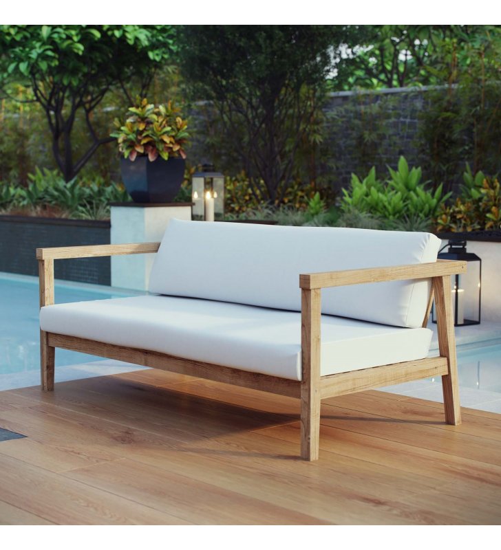 Bayport Outdoor Patio Teak Sofa in Natural White - Lexmod