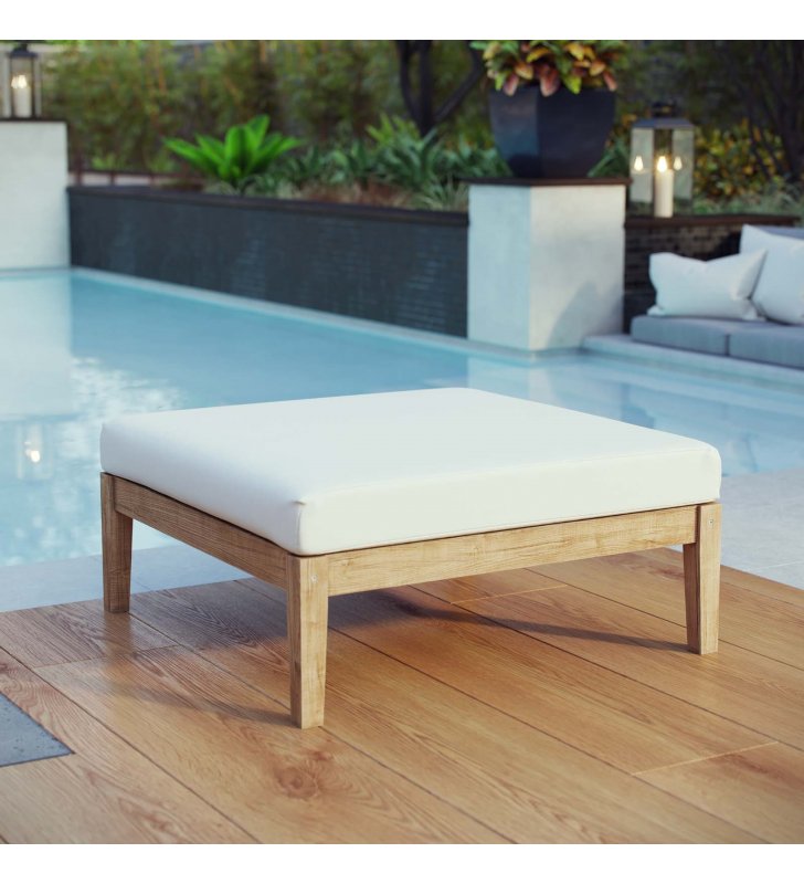 Bayport Outdoor Patio Teak Ottoman in Natural White - Lexmod