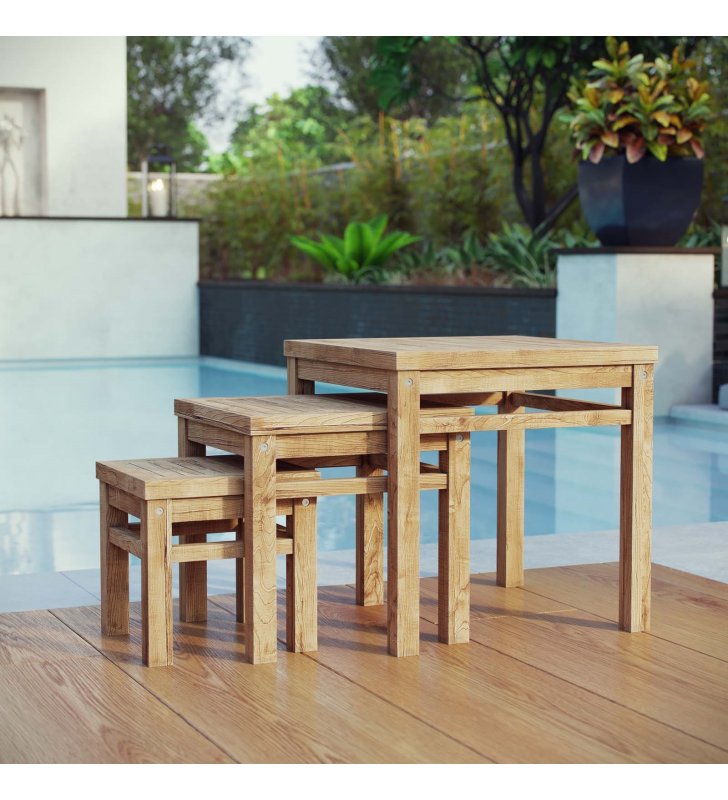 Marina Outdoor Patio Teak Nesting Table in Natural - Lexmod