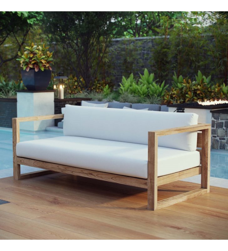 Upland Outdoor Patio Teak Sofa in Natural White - Lexmod
