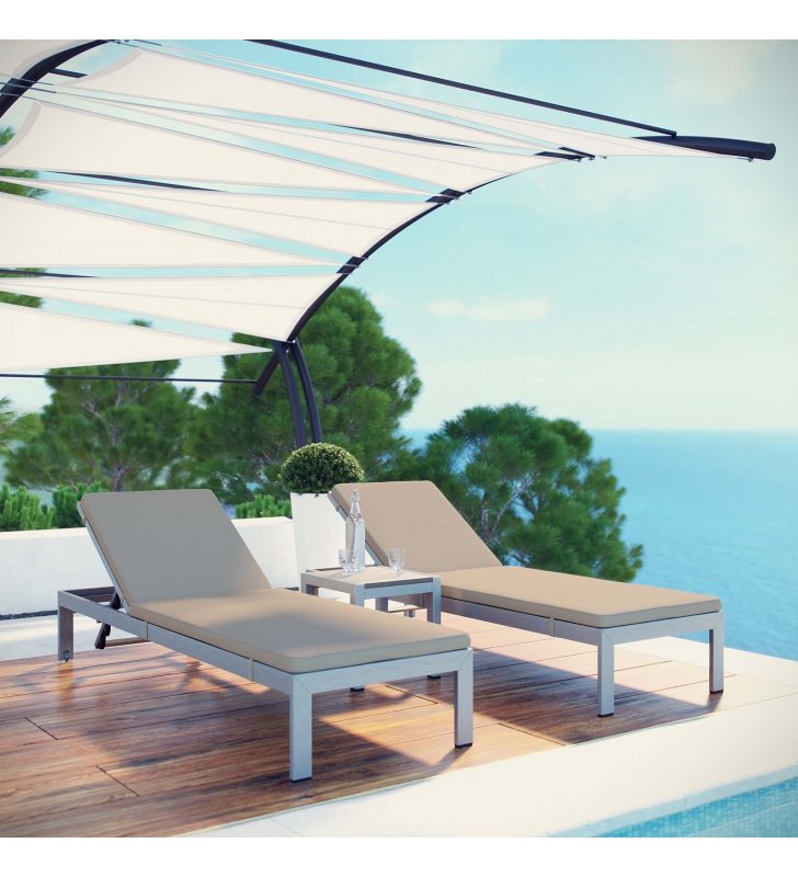 Shore 3 Piece Outdoor Patio Aluminum Chaise with Cushions in Silver Beige - Lexmod
