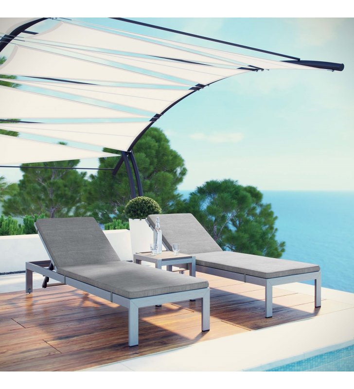 Shore 3 Piece Outdoor Patio Aluminum Chaise with Cushions in Silver Gray - Lexmod