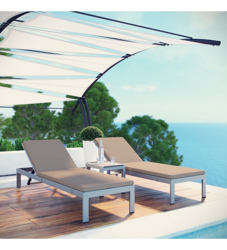 Shore 3 Piece Outdoor Patio Aluminum Chaise with Cushions in Silver Mocha - Lexmod