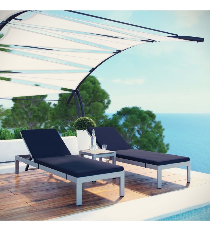 Shore 3 Piece Outdoor Patio Aluminum Chaise with Cushions in Silver Navy - Lexmod