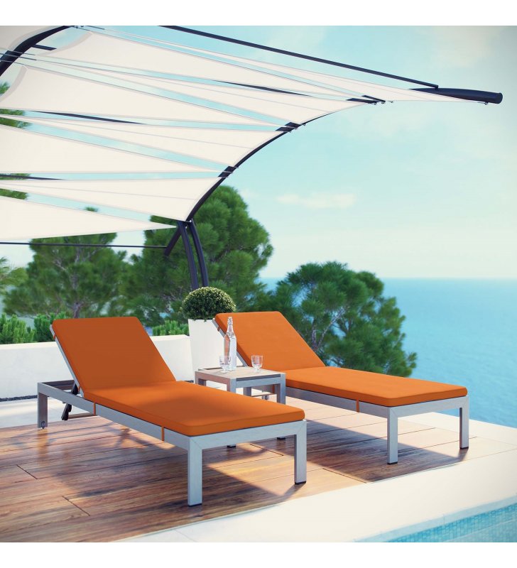 Shore 3 Piece Outdoor Patio Aluminum Chaise with Cushions in Silver Orange - Lexmod
