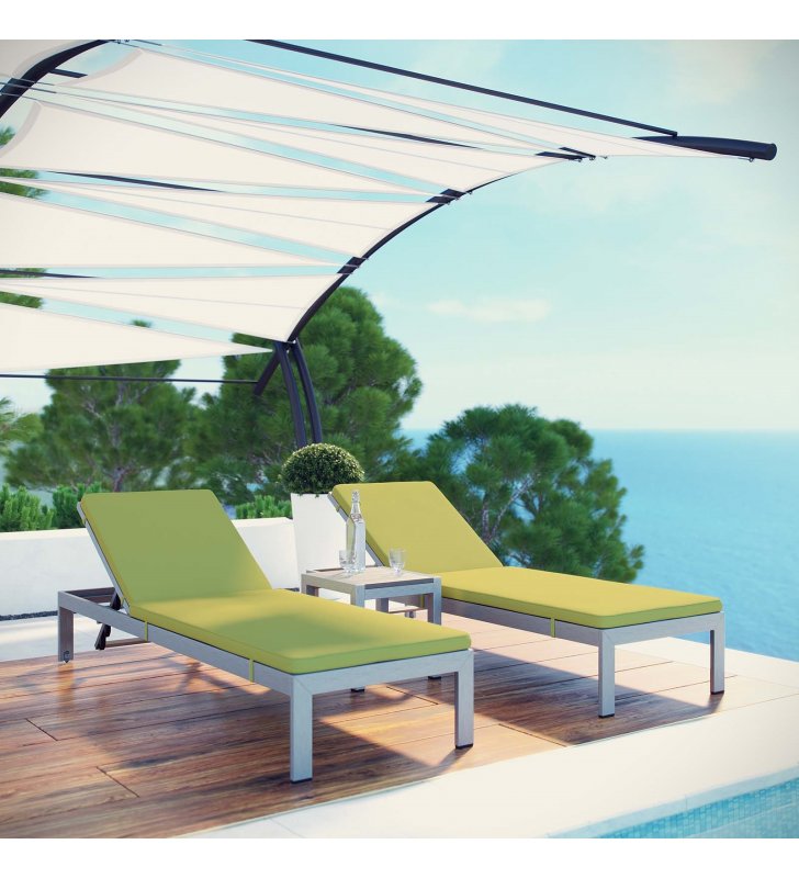 Shore 3 Piece Outdoor Patio Aluminum Chaise with Cushions in Silver Peridot - Lexmod