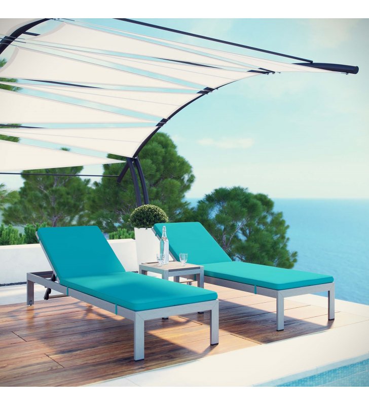 Shore 3 Piece Outdoor Patio Aluminum Chaise with Cushions in Silver Turquoise - Lexmod