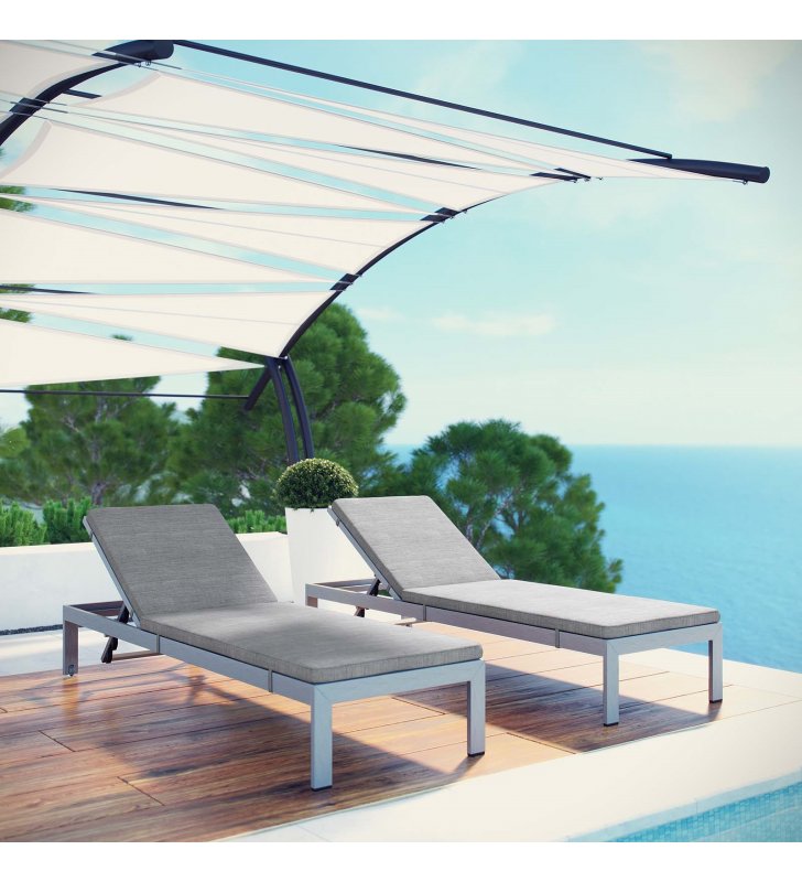 Shore Chaise with Cushions Outdoor Patio Aluminum Set of 2 in Silver Gray - Lexmod