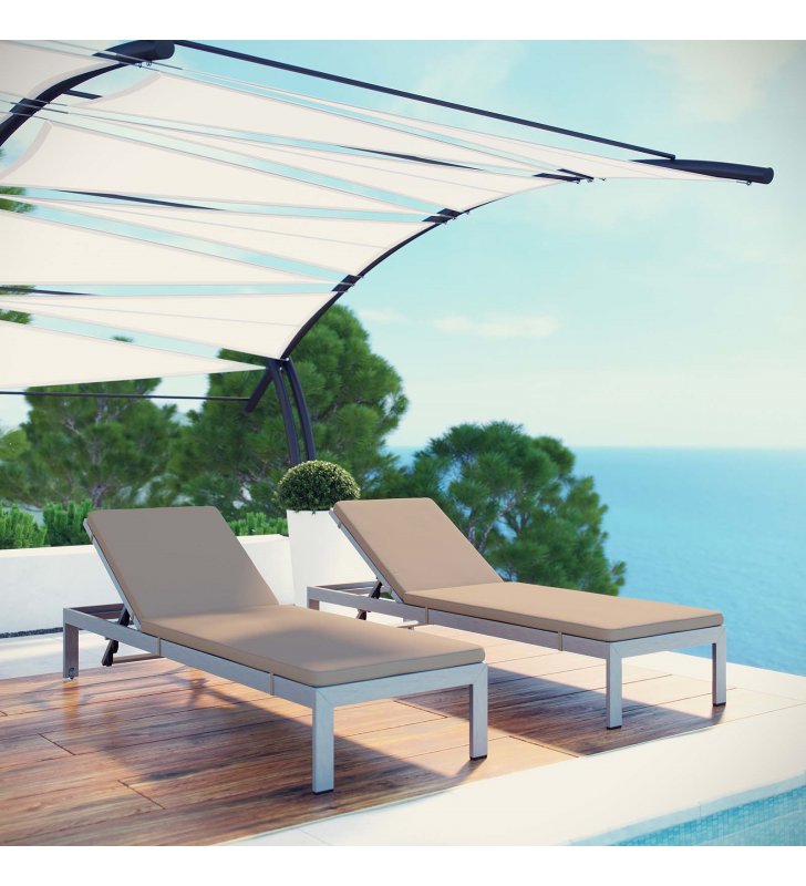 Shore Chaise with Cushions Outdoor Patio Aluminum Set of 2 in Silver Mocha - Lexmod