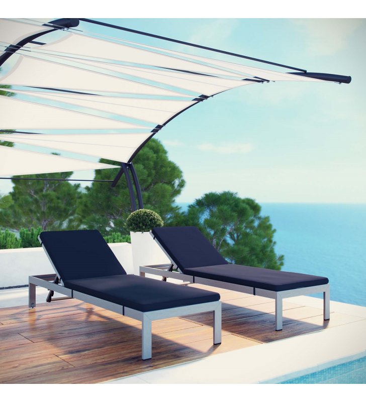 Shore Chaise with Cushions Outdoor Patio Aluminum Set of 2 in Silver Navy - Lexmod