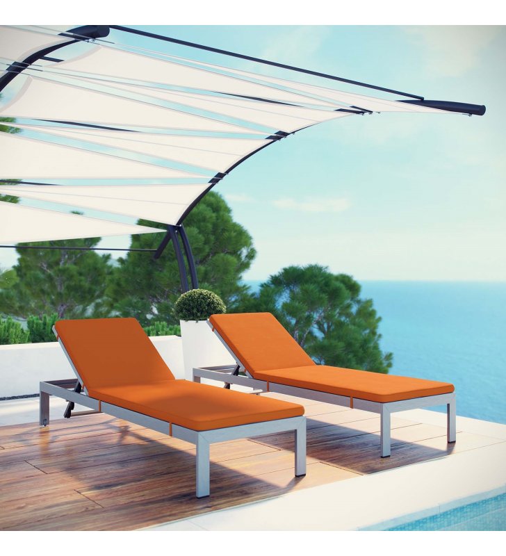 Shore Chaise with Cushions Outdoor Patio Aluminum Set of 2 in Silver Orange - Lexmod