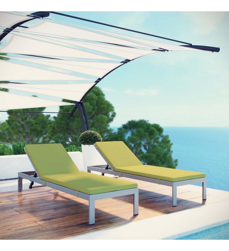 Shore Chaise with Cushions Outdoor Patio Aluminum Set of 2 in Silver Peridot - Lexmod