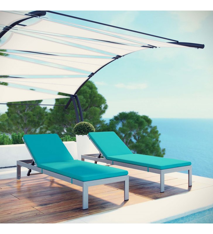 Shore Chaise with Cushions Outdoor Patio Aluminum Set of 2 in Silver Turquoise - Lexmod