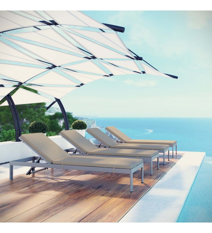 Shore Chaise with Cushions Outdoor Patio Aluminum Set of 4 in Silver Beige - Lexmod