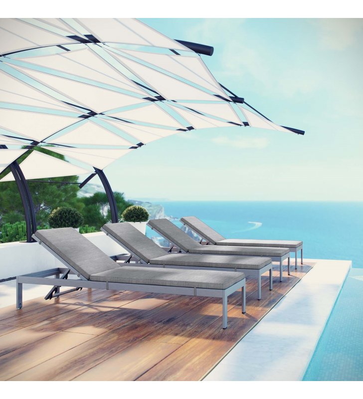 Shore Chaise with Cushions Outdoor Patio Aluminum Set of 4 in Silver Gray - Lexmod