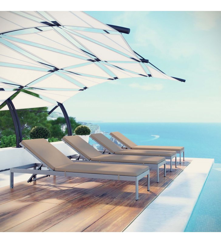 Shore Chaise with Cushions Outdoor Patio Aluminum Set of 4 in Silver Mocha - Lexmod