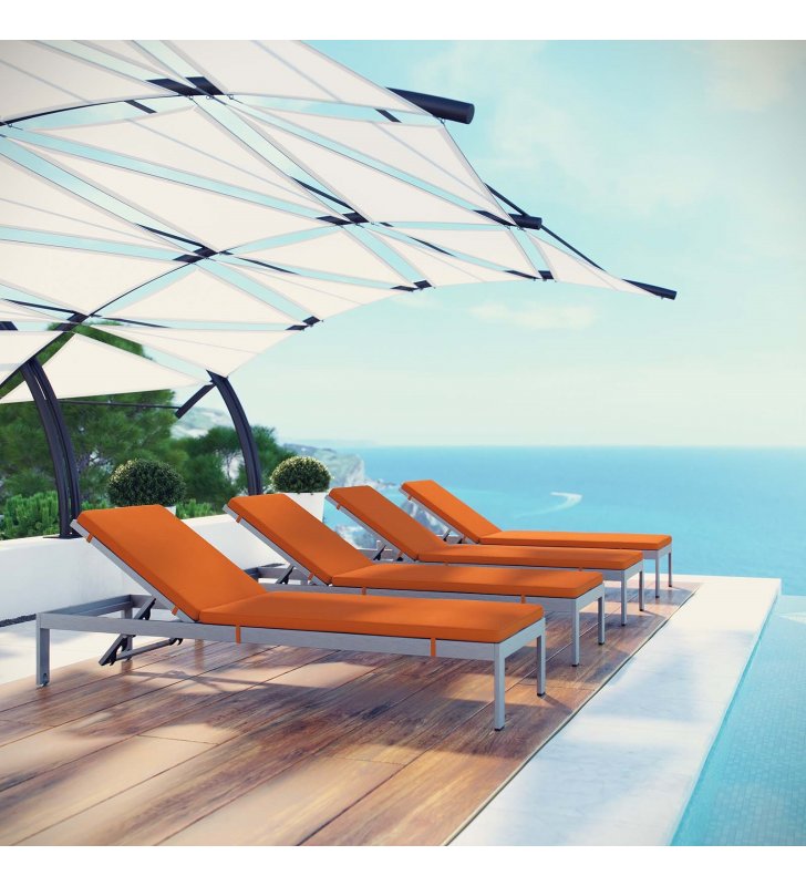 Shore Chaise with Cushions Outdoor Patio Aluminum Set of 4 in Silver Orange - Lexmod