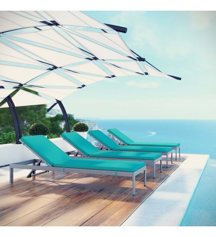 Shore Chaise with Cushions Outdoor Patio Aluminum Set of 4 in Silver Turquoise - Lexmod
