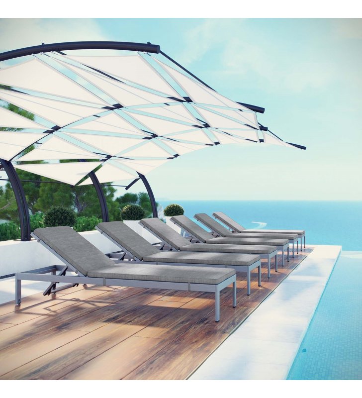 Shore Chaise with Cushions Outdoor Patio Aluminum Set of 6 in Silver Gray - Lexmod