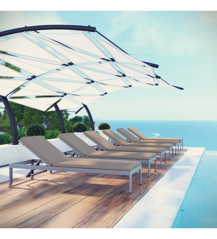 Shore Chaise with Cushions Outdoor Patio Aluminum Set of 6 in Silver Mocha - Lexmod