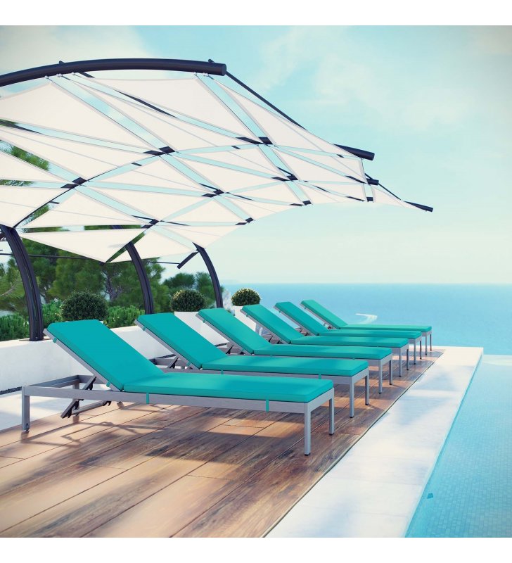 Shore Chaise with Cushions Outdoor Patio Aluminum Set of 6 in Silver Turquoise - Lexmod
