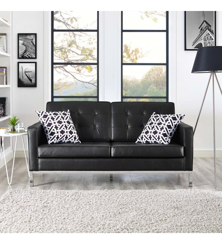 Loft Leather Loveseat in Black - Lexmod