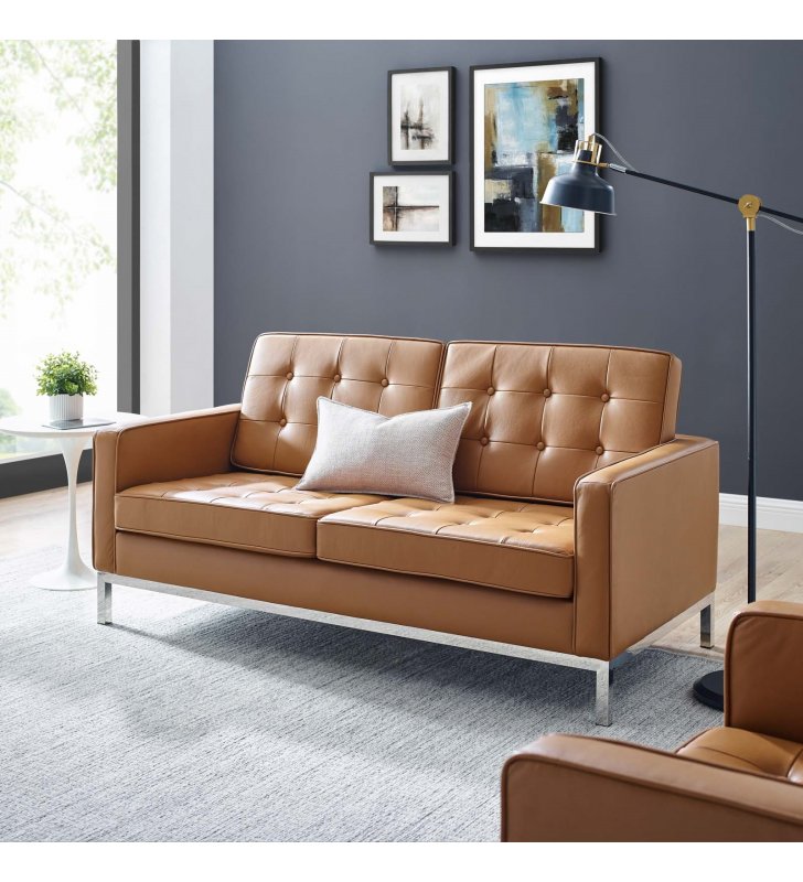 Loft Leather Loveseat in Tan - Lexmod