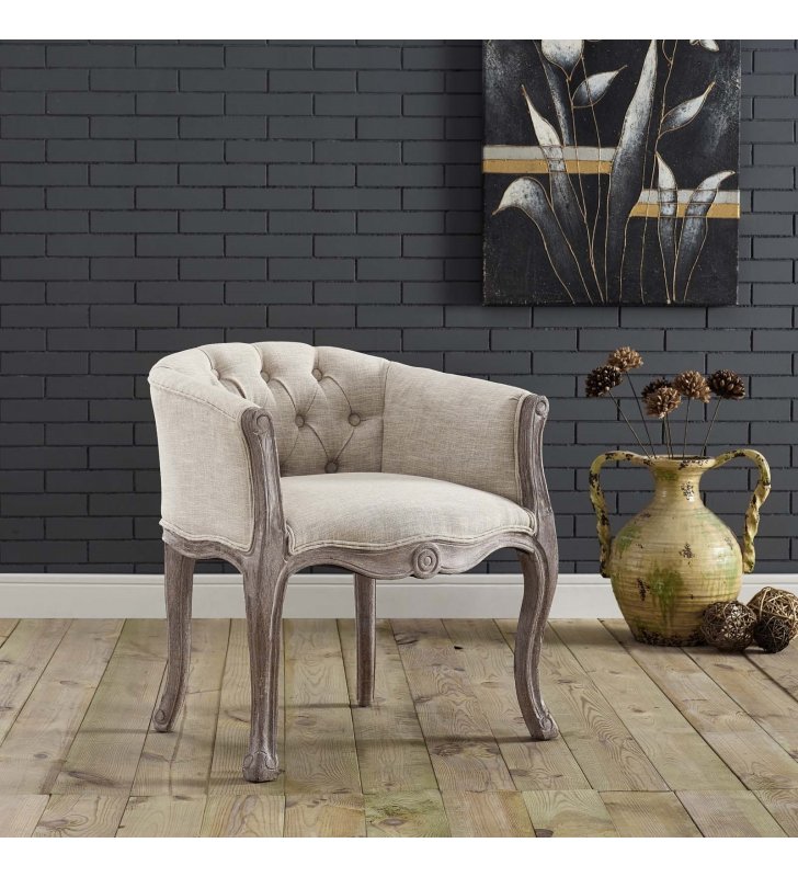 Crown Vintage French Upholstered Fabric Accent Chair in Beige - Lexmod