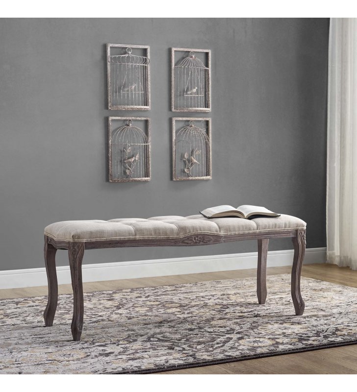 Regal Vintage French Upholstered Fabric Bench in Beige - Lexmod