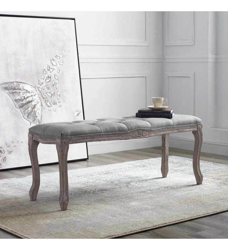 Regal Vintage French Upholstered Fabric Bench in Light Gray - Lexmod