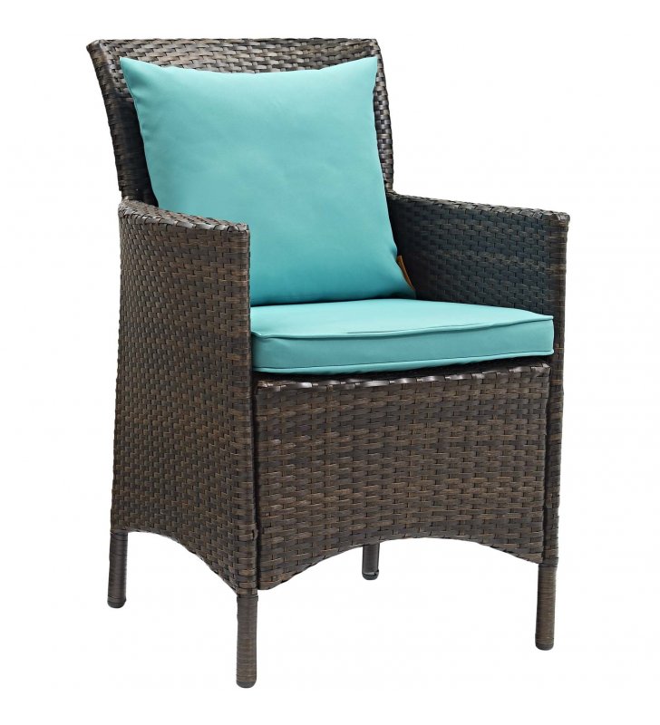 Conduit Outdoor Patio Wicker Rattan Dining Armchair in Brown Turquoise - Lexmod