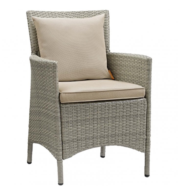 Conduit Outdoor Patio Wicker Rattan Dining Armchair in Light Gray Beige - Lexmod