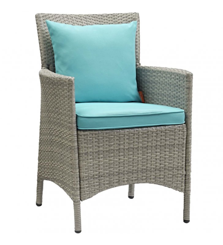 Conduit Outdoor Patio Wicker Rattan Dining Armchair in Light Gray Turquoise - Lexmod