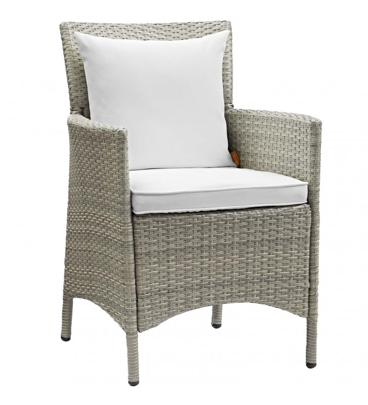 Conduit Outdoor Patio Wicker Rattan Dining Armchair in Light Gray White - Lexmod