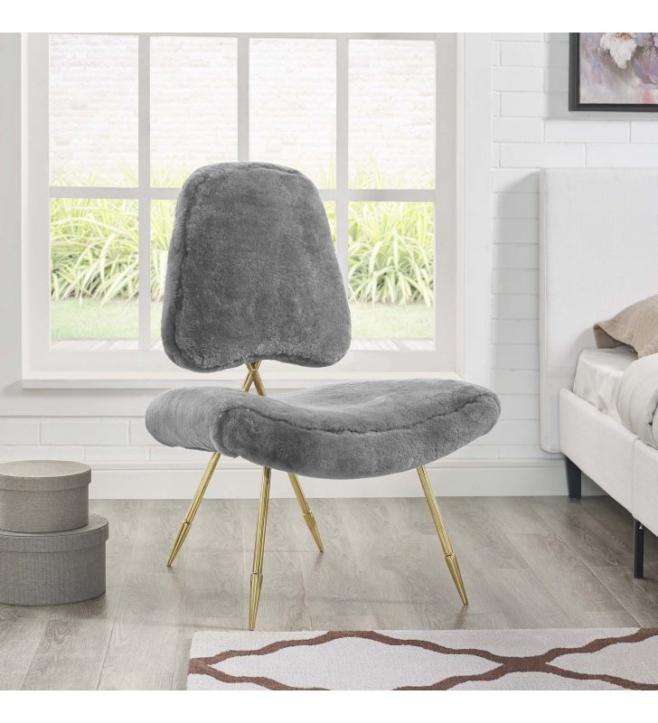 Ponder Upholstered Sheepskin Fur Lounge Chair in Gray - Lexmod