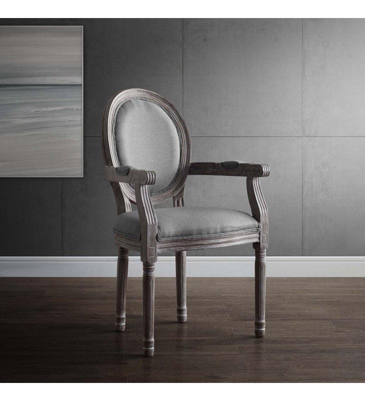 Emanate Vintage French Upholstered Fabric Dining Armchair in Light Gray - Lexmod