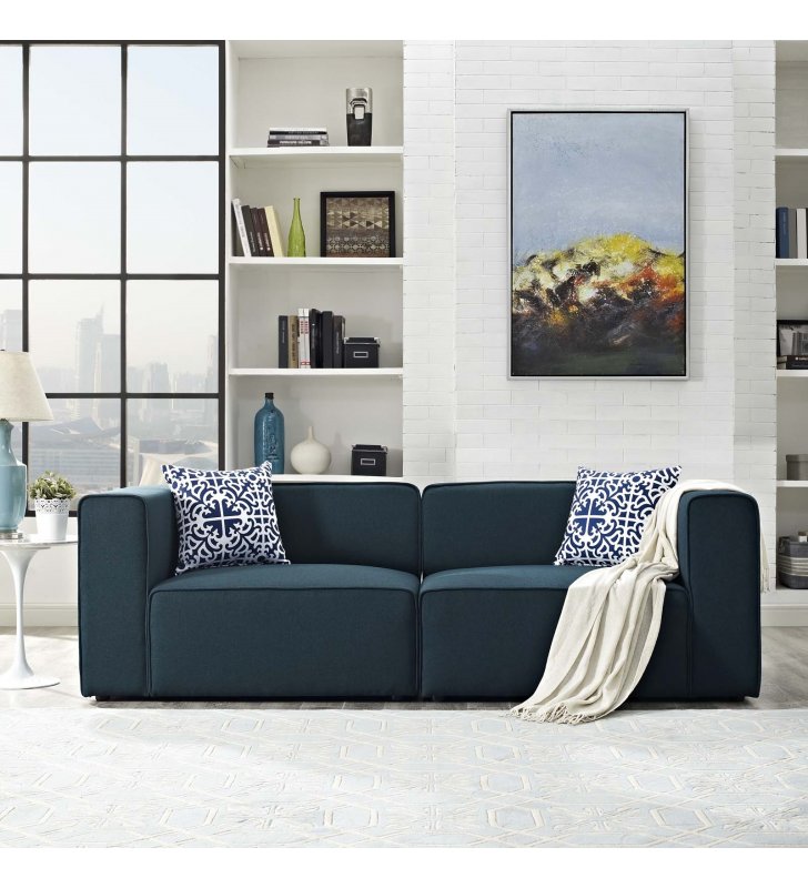 Mingle 2 Piece Upholstered Fabric Sectional Sofa Set in Blue - Lexmod