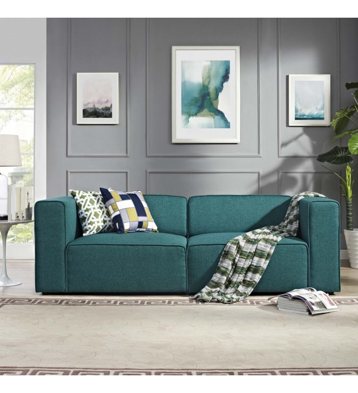 Mingle 2 Piece Upholstered Fabric Sectional Sofa Set in Teal - Lexmod