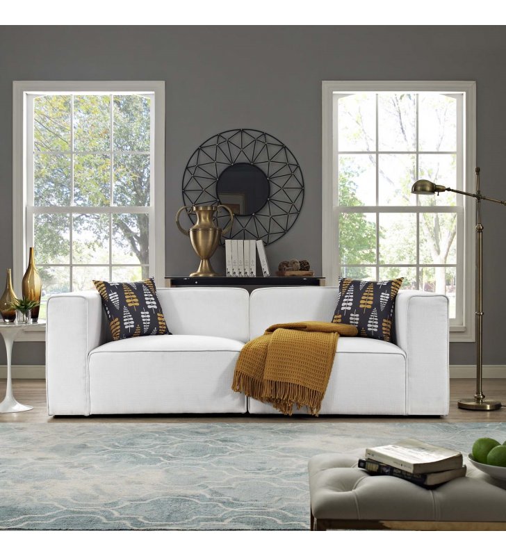 Mingle 2 Piece Upholstered Fabric Sectional Sofa Set in White - Lexmod