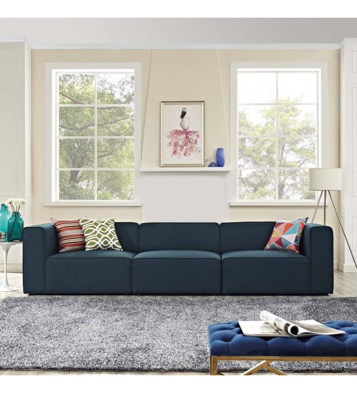 Mingle 3 Piece Upholstered Fabric Sectional Sofa Set in Blue - Lexmod